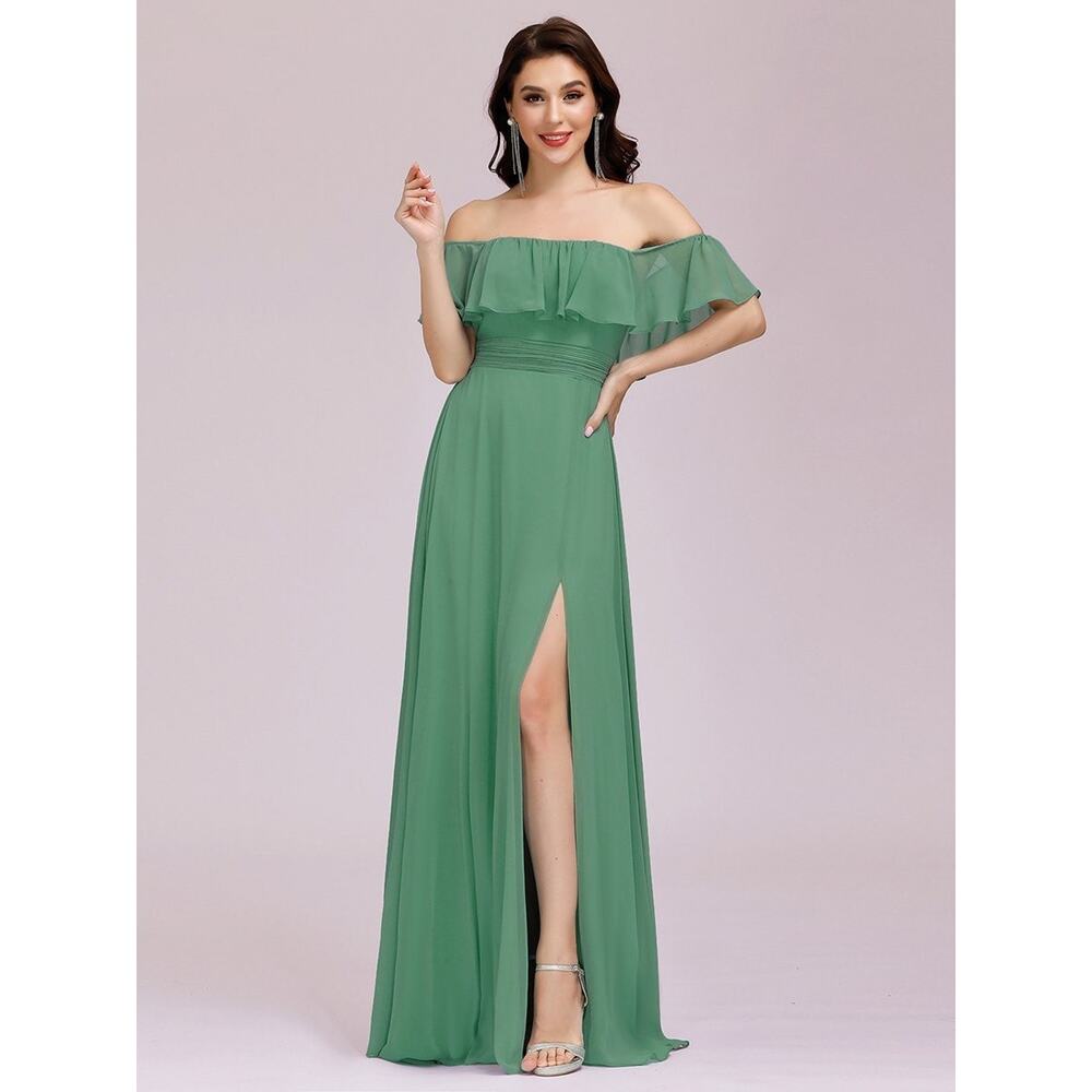 Ever Pretty Green Bean Sage Off Shoulder Ruffle Leg Slit Bridesmaid Dress Size 8